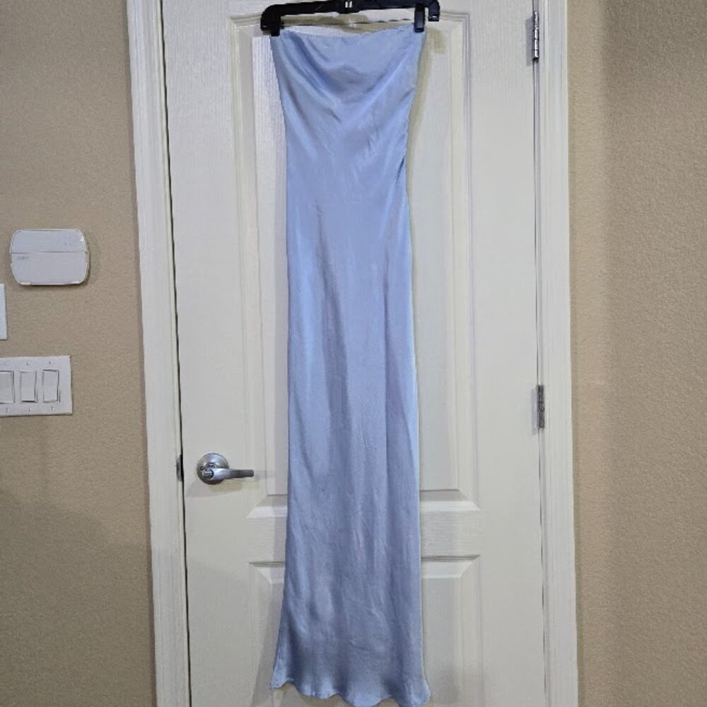 Strapless Satin Midi Dress in Pale Blue - Picture 4 of 11